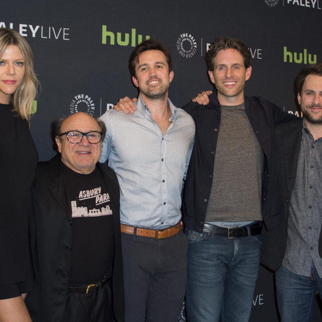 (L-R) Actors Kaitlin Olson, Danny De Vito, Rob McElhenney, Glenn Howerton and Charlie Day attend An Evening With ”It&amp;#39;s Always Sunny In Philadelphia” presented by the Paley Center For Media, in Beverly Hills, California, on April 1, 2016. (Photo by VALERIE MACON/AFP)