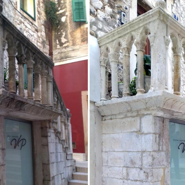 Kameno gotičko stubište prije i poslije restauracije