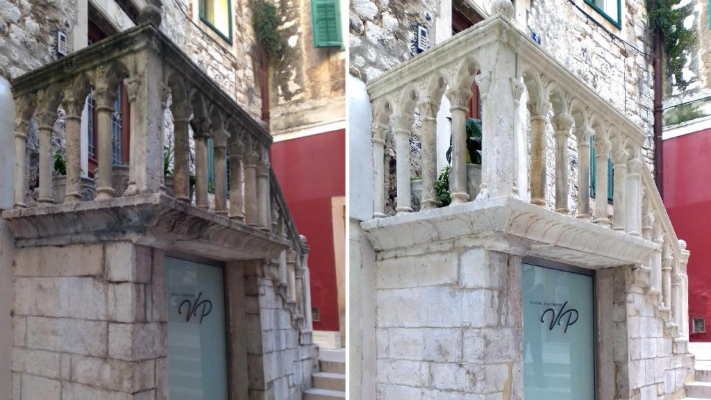 Kameno gotičko stubište prije i poslije restauracije