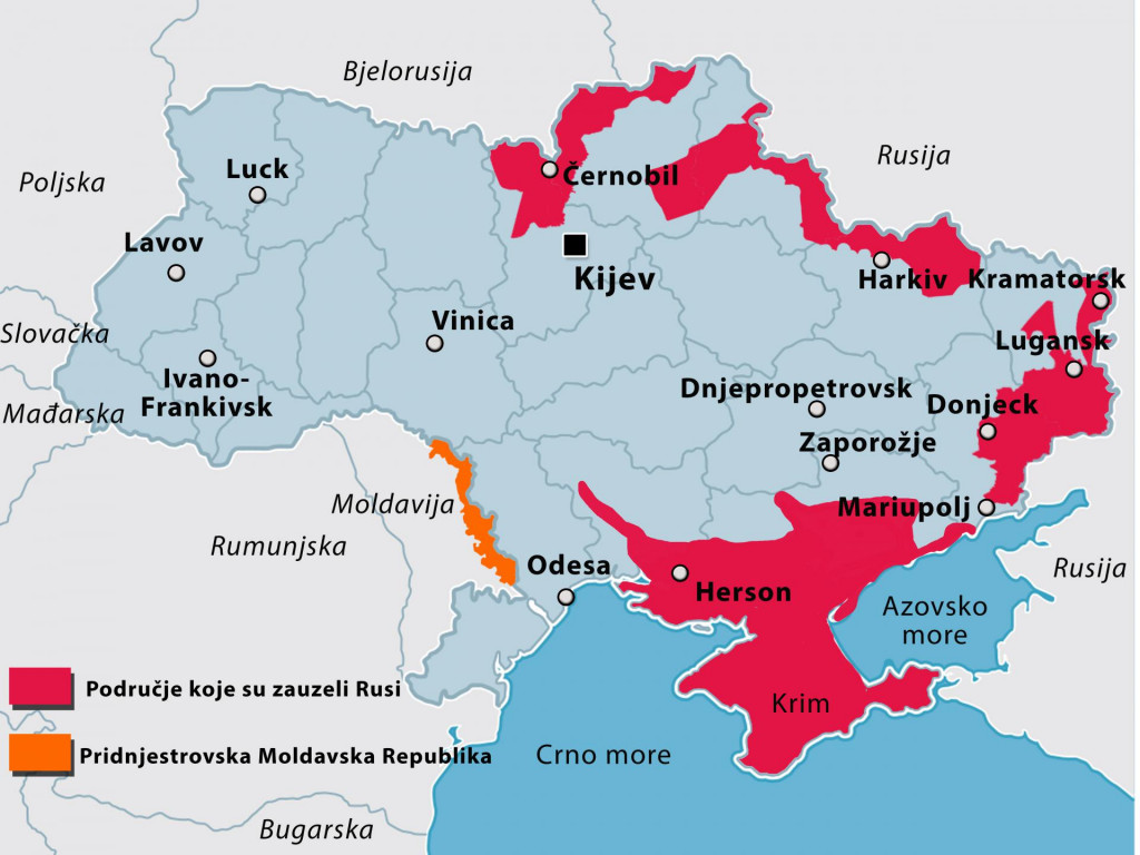 Područja Ukrajine na kojima se vode borbe i područje Pridnjestrovlja na zapadu