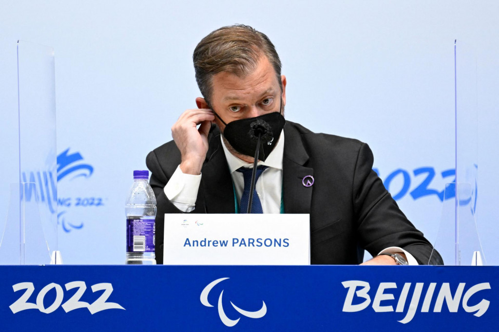 Andrew Parsons, president of the International Paralympic Committee (IPC), prepares to answer a question at a press conference in Beijing on March 2, 2022. (Photo by WANG Zhao/AFP)