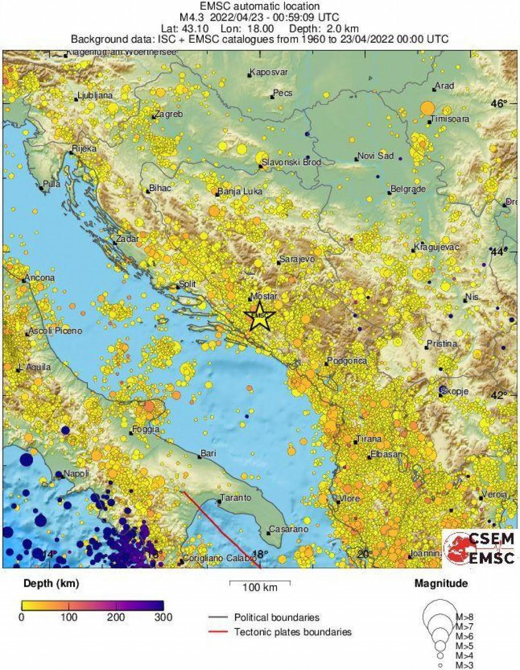 &lt;p&gt;Euromediteranski seizmološki centar (EMSC) objavio je u subotu kartu potresa koji su zabilježeni na dijelu jugoistočne Europe u posljednje 62 godine.&lt;/p&gt;
