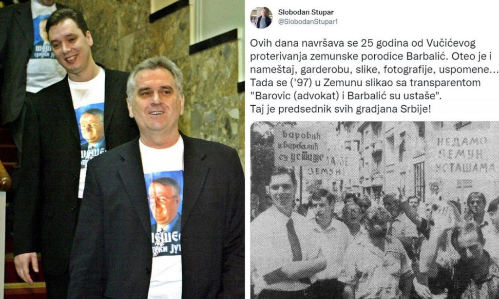 &lt;p&gt;Aleksandar Vučić i Tomislav Nikolić s fotografijom Vojsilava Šešelja na majici (lijevo), Vučić ispred stana obitelji Barbalić&lt;br /&gt;
 &lt;/p&gt;