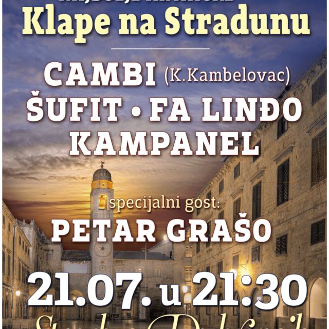 &lt;p&gt;Cambi (K. Kambelovac), klapa Šufit, FA Linđo i klapa Kampanel, a kao poseban gost nastupit će Petar Grašo.&lt;/p&gt;