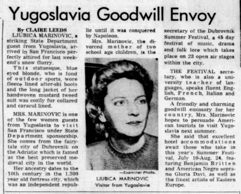 &lt;p&gt;Tekst o Ljubici Búbi Marinović u novini ”San Francisco Examiner”, 23. siječanj 1962.&lt;/p&gt;