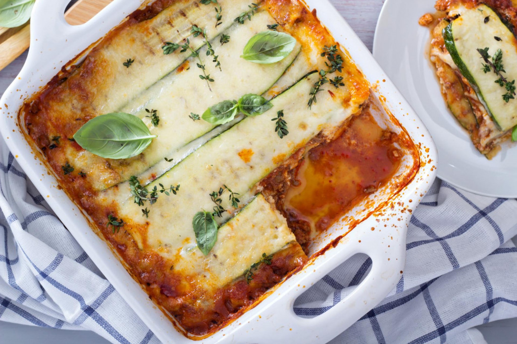 &lt;p&gt;Healthy zucchini lasagna bolognese in a baking dish&lt;/p&gt;