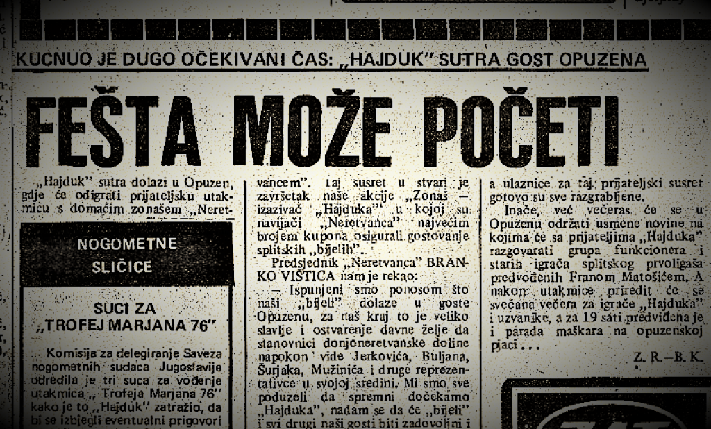 &lt;p&gt;Najava gostovanja Hajduka u Opuzenu 1976. godine u Slobodnoj Dalmaciji&lt;/p&gt;