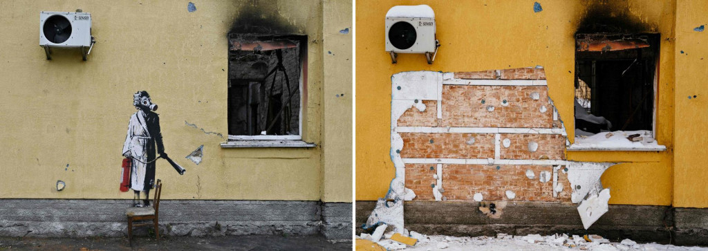 &lt;p&gt;TOPSHOT - (COMBO) This combination of pictures created on December 3, 2022 shows a graffiti made by famous British artist Banksy on the wall of a destroyed building in the town of Gostomel, near Kyiv, on November 16, 2022 (left) and a cut off of the wall of a damaged building from where a group people tried to steal Banksy‘s work in the town of Gostomel, near Kyiv, on December 3, 2022, amid the Russian invasion of Ukraine. - Ukraine has detained eight people over the theft from a wall in the Kyiv suburbs of a mural painted by elusive British street artist Banksy, the authorities said. ”A group of people tried to steal a Banksy mural. They cut out the work from the wall of a house destroyed by the Russians,” Kyiv governor Oleksiy Kuleba said in a post on Telegram on 2 December, 2022. (Photo by Genya SAVILOV and Dimitar DILKOFF/AFP)/RESTRICTED TO EDITORIAL USE - MANDATORY MENTION OF THE ARTIST UPON PUBLICATION - TO ILLUSTRATE THE EVENT AS SPECIFIED IN THE CAPTION&lt;/p&gt;