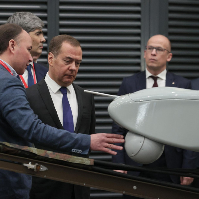 &lt;p&gt;Russia‘s former leader Dmitry Medvedev, a President Putin ally who is now deputy chairman of the country‘s security council, visits the Kalashnikov Group plant in Izhevsk, Russia, on January 24, 2023. - Dmitry Medvedev examined samples of weapons and held a meeting with the working group of the military-industrial commission to control their production. (Photo by Yekaterina SHTUKINA/SPUTNIK/AFP)&lt;/p&gt;