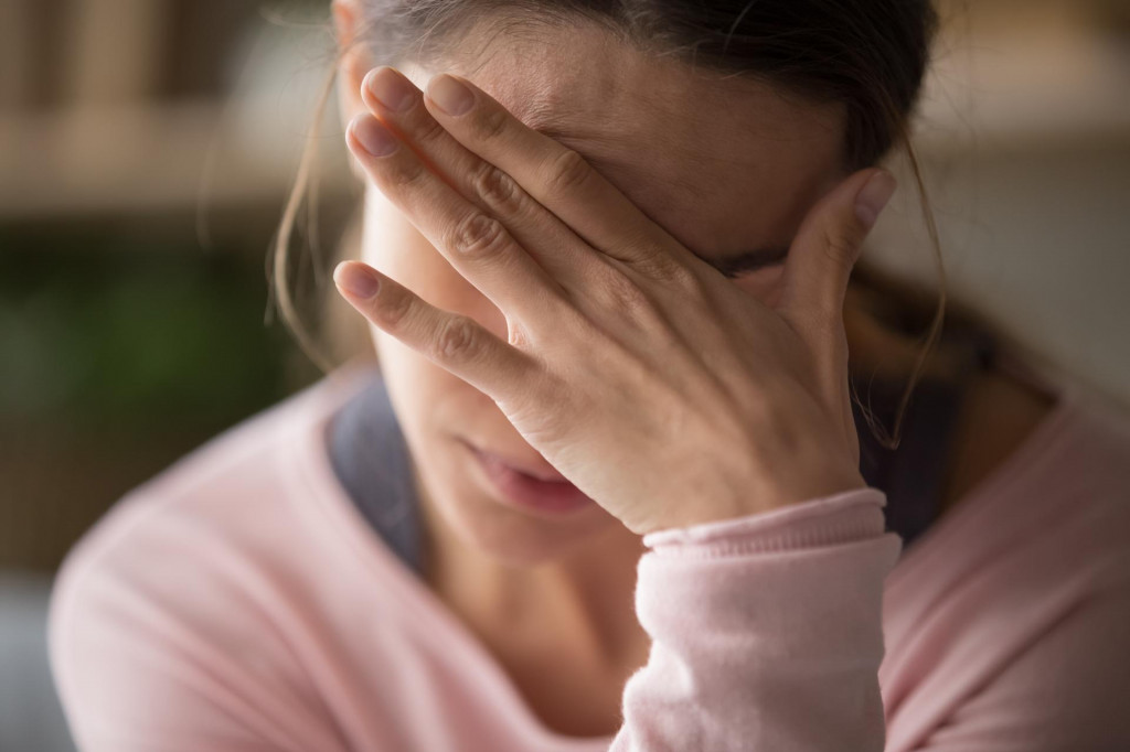 &lt;p&gt;Sad tired young woman touching forehead having headache migraine or depression, upset frustrated girl troubled with problem feel stressed cover crying face with hand suffer from grief sorrow concept&lt;/p&gt;