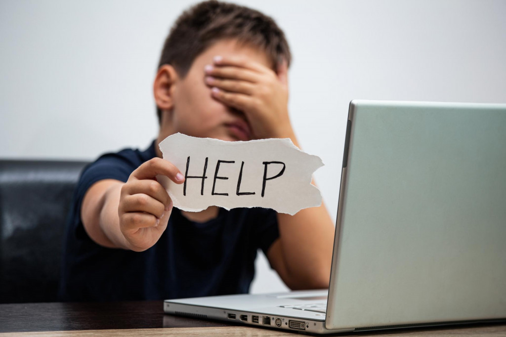 &lt;p&gt;Sad and scared young boy with computer laptop suffering cyberbullying and harassment being online abused by stalker or gossip feeling desperate and humiliated in cyber bullying concept.&lt;/p&gt;