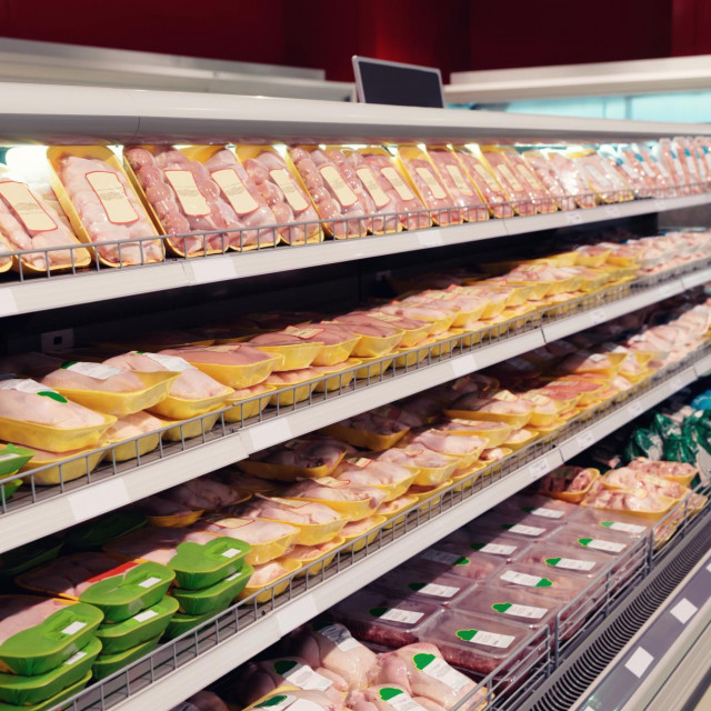 &lt;p&gt;Fresh chicken meat on supermarket shelf, all logos removed, toned image&lt;/p&gt;