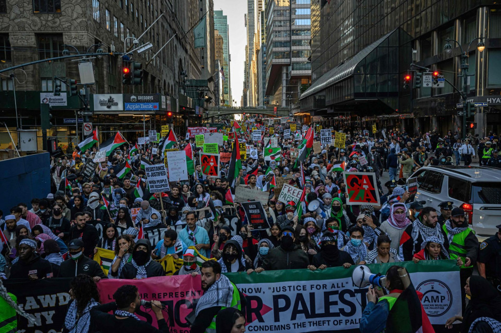 &lt;p&gt;TOPSHOT - People demonstrate in support of Palestinians in New York City on October 13, 2023. Thousands of Palestinians fled to southern Gaza in search of refuge on October 14, 2023 after Israel warned them to evacuate before an expected ground offensive against Hamas in retaliation for the deadliest attack in Israel‘s history. (Photo by Ed JONES/AFP)&lt;/p&gt;