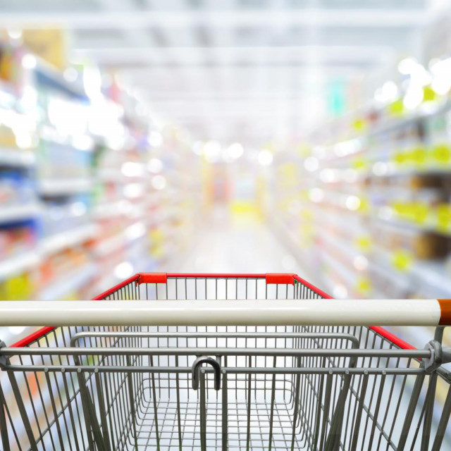 &lt;p&gt;Supermarket aisle with empty red shopping cart.&lt;/p&gt;