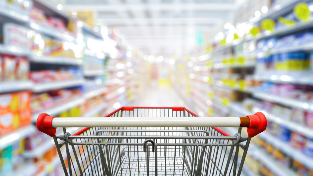 &lt;p&gt;Supermarket aisle with empty red shopping cart.&lt;/p&gt;