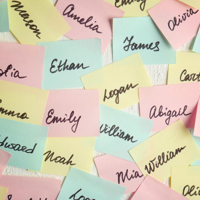 &lt;p&gt;Closeup of paper stickers with different names on white wall. Concept of choosing baby name&lt;/p&gt;
