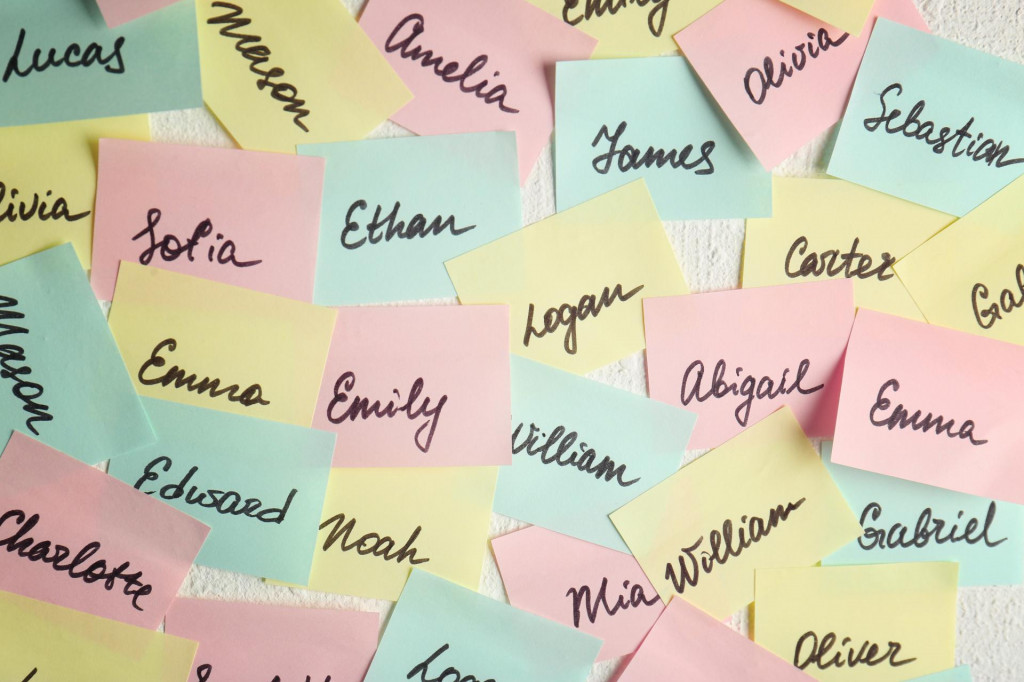 &lt;p&gt;Closeup of paper stickers with different names on white wall. Concept of choosing baby name&lt;/p&gt;