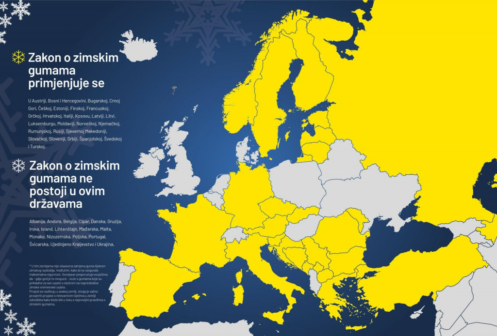 &lt;p&gt;Europska karta sa označenim zemljama gdje je potrebna zimska oprema&lt;/p&gt;