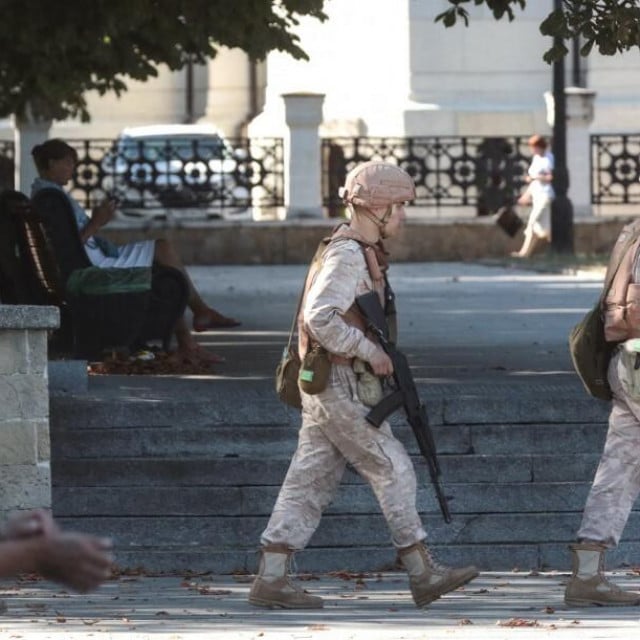&lt;p&gt;Russian Navy members patrol in front of a headquarter of Russia‘s Black Sea Fleet in Sevastopol, in Crimea on July 31, 2022. Ukraine on July 31, 2022 denied carrying out a drone attack on the headquarters of the Russian Black Sea fleet in annexed Crimea, that Russian officials said wounded six personnel. (Photo by STRINGER/AFP)&lt;/p&gt;