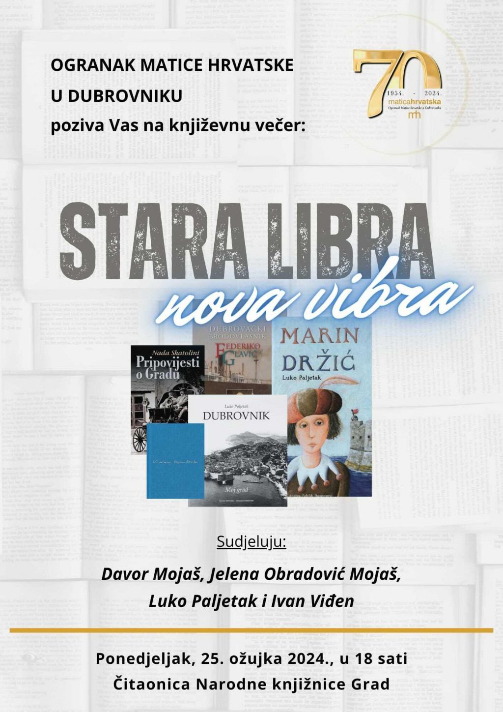 &lt;p&gt;Ogranak Matice hrvatske u Dubrovniku organizira književnu večer Stara libra, nova vibra&lt;/p&gt;