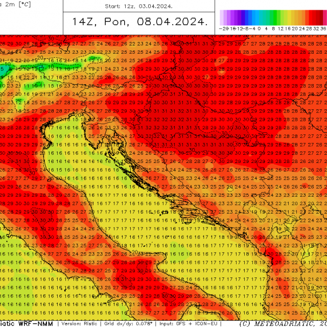 &lt;p&gt;Temperature zraka u Hrvatskoj u ponedjeljak 8. 4. 2024. /Meteoadriatic&lt;/p&gt;