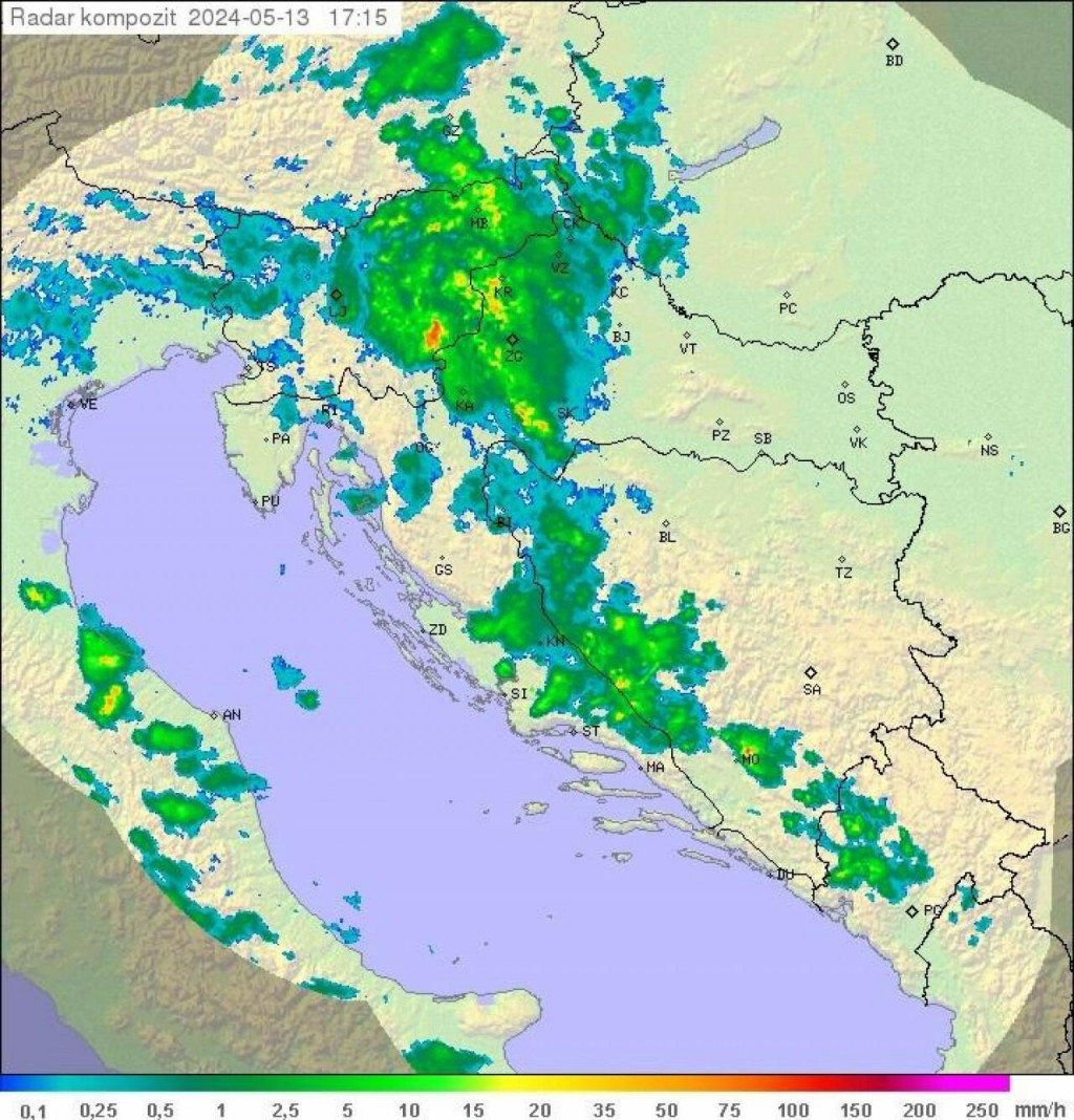 &lt;p&gt;Radarska slika Hrvatske u 17:15 u ponedjeljak&lt;br&gt;
DHMZ&lt;/p&gt;