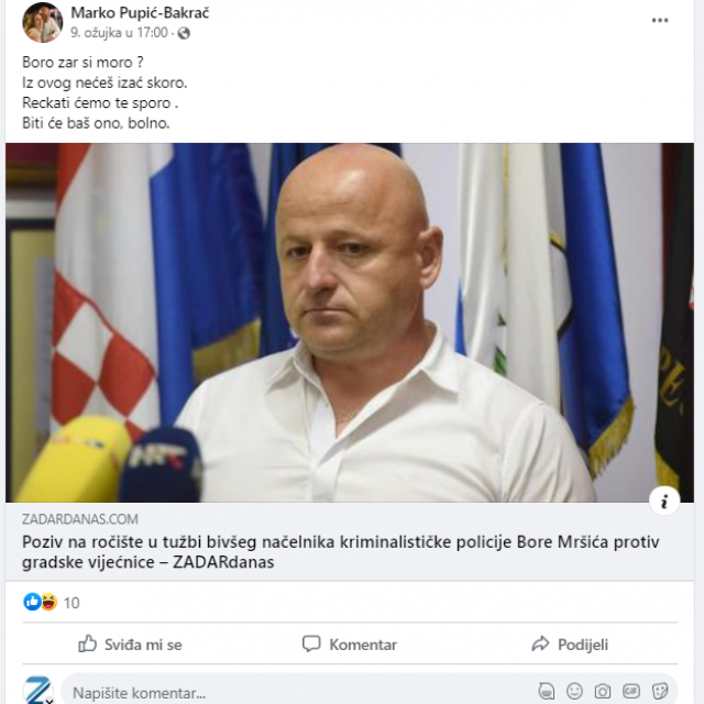 &lt;p&gt;Objava Marko Pupića Bakrača koju je Bore Mršić doživio kao prijetnju&lt;/p&gt;
