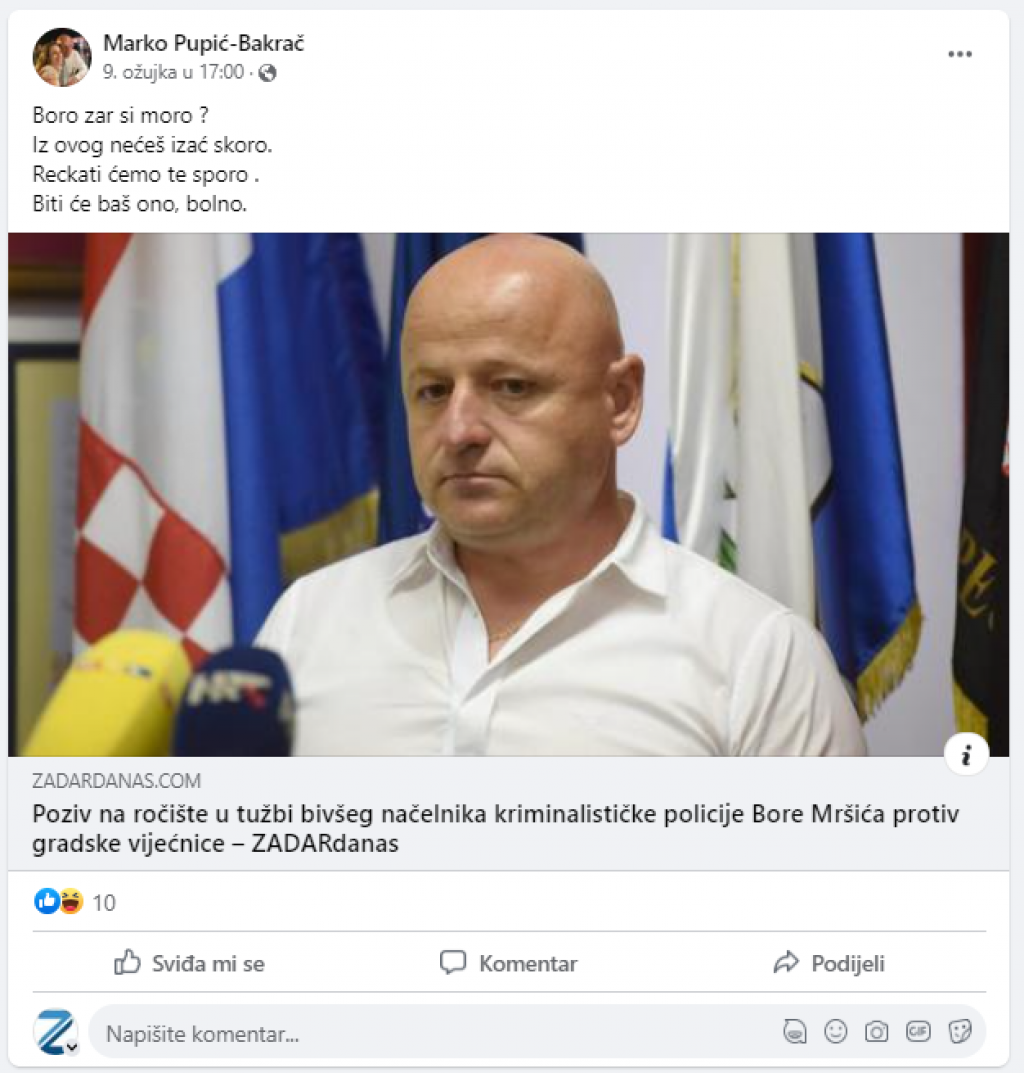 &lt;p&gt;Objava Marko Pupića Bakrača koju je Bore Mršić doživio kao prijetnju&lt;/p&gt;