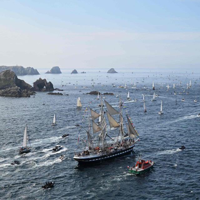 &lt;p&gt;This aerial photograph taken on July 18, 2024 outside Brest, northwestern France, shows old vessels sail as they attend the grand parade during the 8th Brest Maritime Festival. (Photo by Sebastien Salom-Gomis/AFP)&lt;/p&gt;