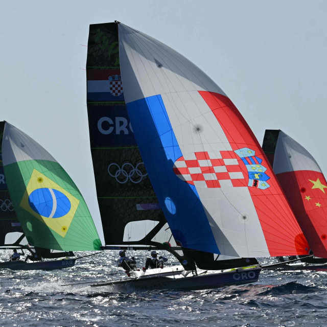 &lt;p&gt;Croatia‘s duo Sime Fantela and Sime Fantela compete in Race 3 of the men�s 49er skiff event during the Paris 2024 Olympic Games sailing competition at the Roucas-Blanc Marina in Marseille on July 28, 2024. (Photo by NICOLAS TUCAT/AFP)&lt;/p&gt;