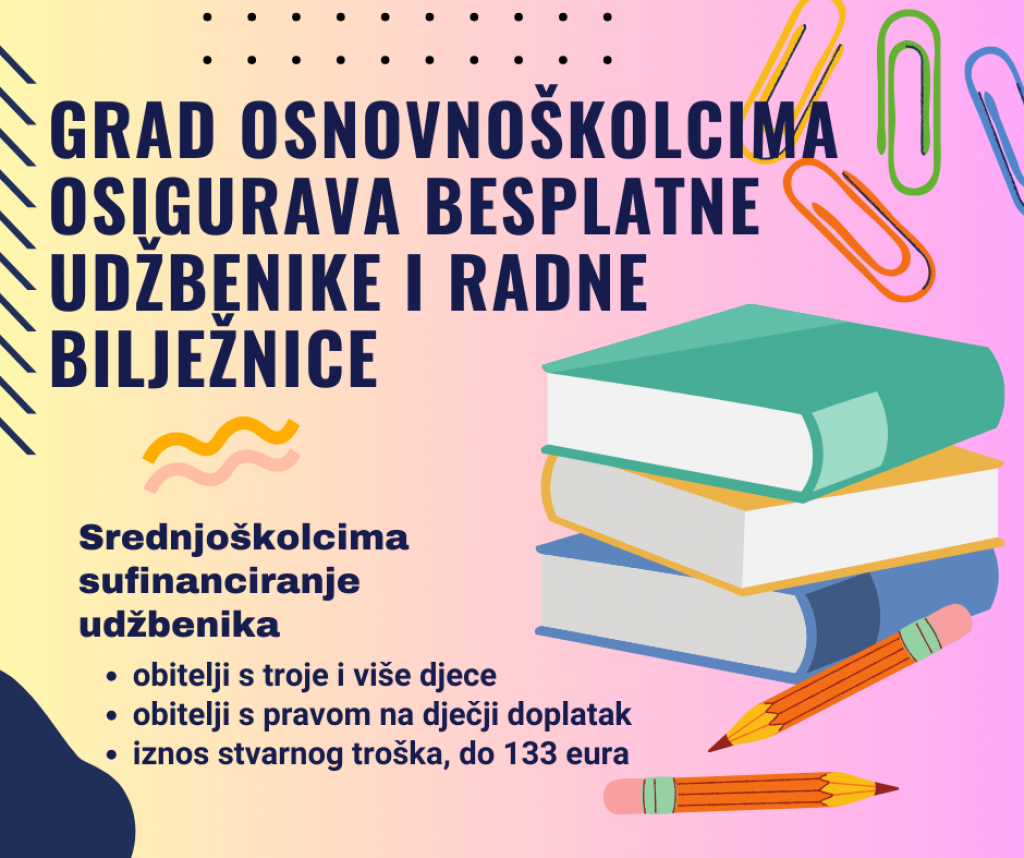 &lt;p&gt;Osnovnoškolcima i ove godine besplatni udžbenici i radne bilježnice, srednjoškolcima sufinanciranje sukladno Pravilniku&lt;/p&gt;