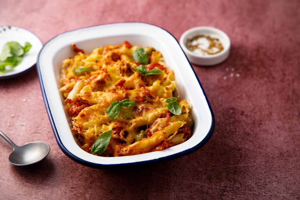 Homemade pasta bake with tomatoes and cheese