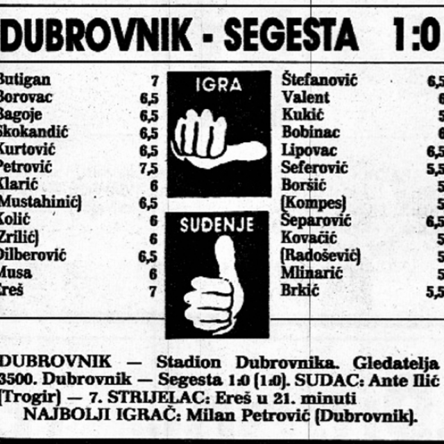 &lt;p&gt;Povijesna utakmica, prva prvoligaška Dubrovnika u Dubrovniku, 1. studenog 1992. godine, i pobjeda protiv Segeste 1:0&lt;/p&gt;