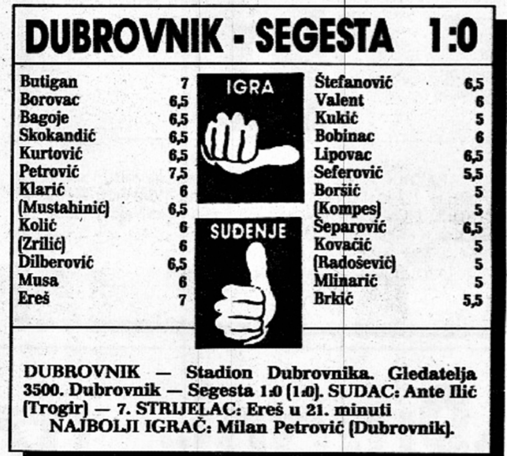 &lt;p&gt;Povijesna utakmica, prva prvoligaška Dubrovnika u Dubrovniku, 1. studenog 1992. godine, i pobjeda protiv Segeste 1:0&lt;/p&gt;