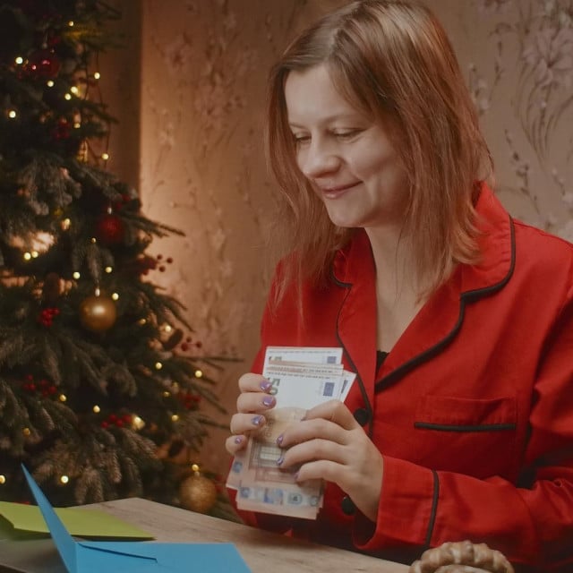 &lt;p&gt;Excited woman holding Euro cash currency in hands, Christmas bonuses.&lt;/p&gt;