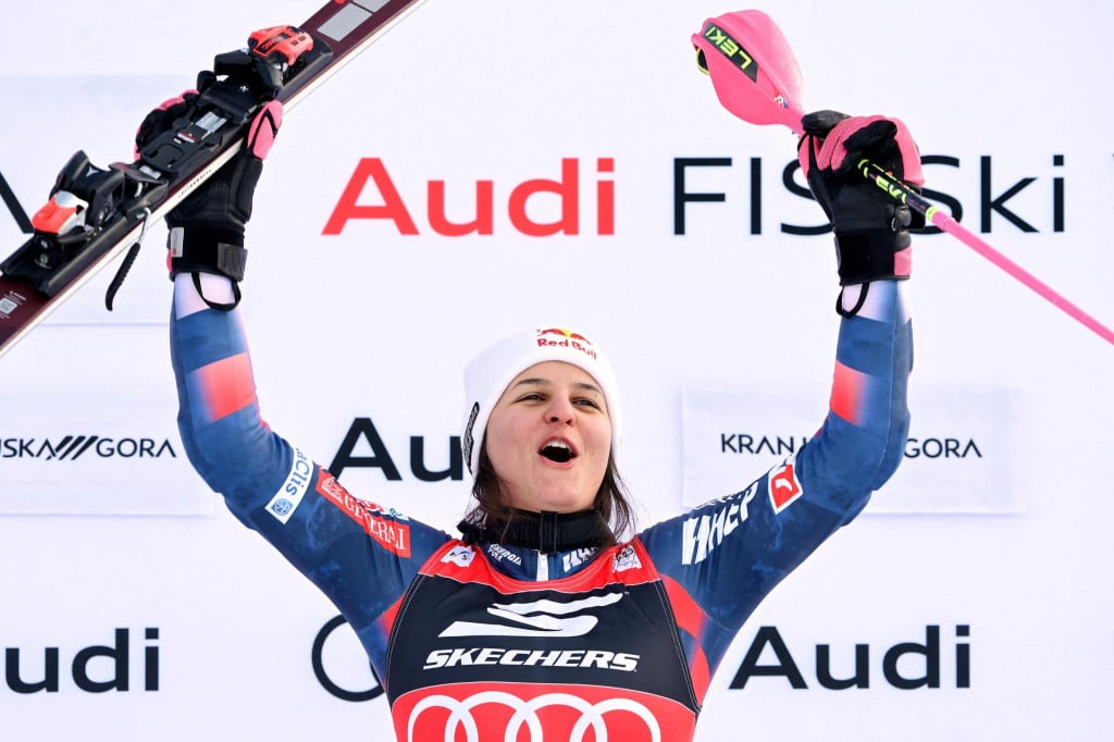 &lt;p&gt;TOPSHOT - Winner Croatia‘s Zrinka Ljutic celebrates during the podium ceremony after the Women‘s Slalom as part of the FIS Alpine ski world Cup 2024-2025 in Kranjska Gora, Slovenia, on January 5, 2025. (Photo by Jure Makovec/AFP)&lt;/p&gt;