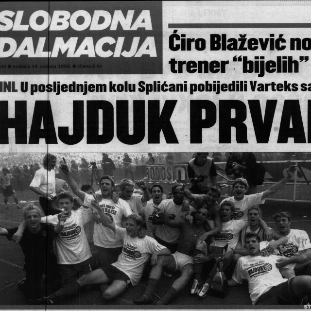 <p>Naslovnica Slobodne Dalmacija dan poslije zadnje Hajdukove titule prvaka 2005.</p>