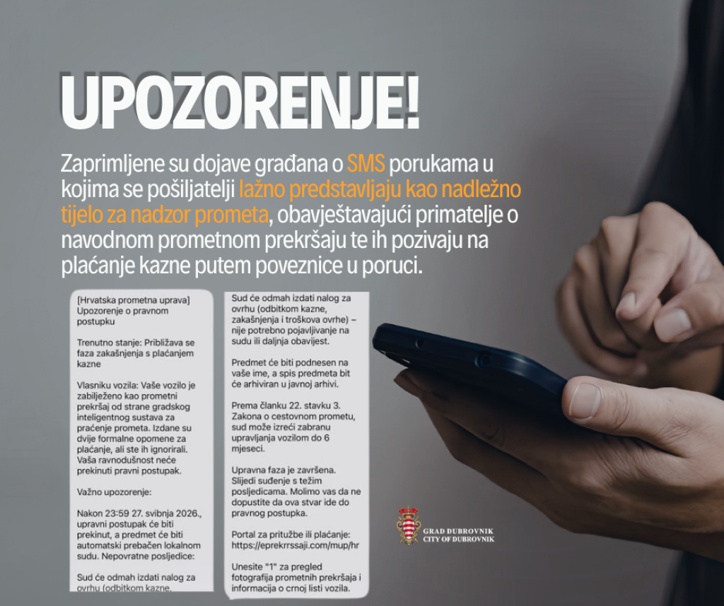 <p>Upozorenje javnosti zbog lažnih SMS poruka o prometnim prekr&scaron;ajima</p>