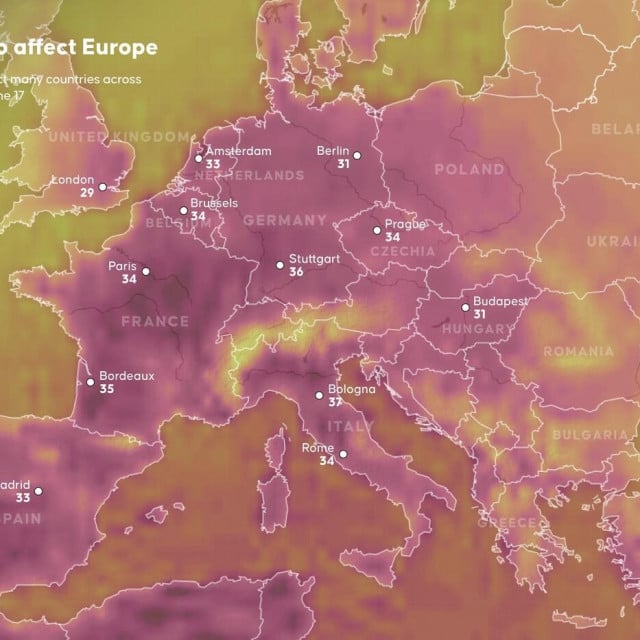 <p>Prikaz toplinskog&nbsp;vala u zemljama&nbsp;diljem Europe</p>