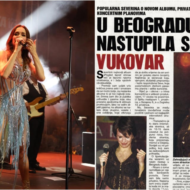 <p>Severina na fotografiji iz Večernjeg lista objavljenoj 22. studenoga 2001. godine, uz intervju u kojem je govorila o albumu, koncertnim planovima i mogućem nastupu u Beogradu</p>