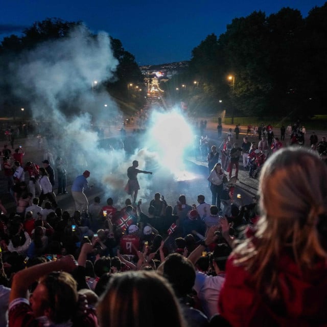 <p>Norwegian supporters celebrate after the victory of their team in the 2026 World Cup round of 16 football match between Brazil and Norway, at Slottsplanse and Karl Johans gate in Oslo on July 5, 2026. (Photo by Javad Parsa/NTB/AFP)/Norway OUT</p>