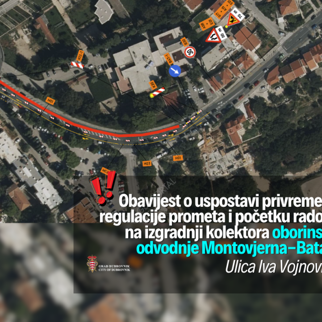 <p>Zbog radova na izgradnji kolektora oborinske odvodnje privremena prometna regulacija u Ulici Iva Vojnovića.<br>
&nbsp;</p>