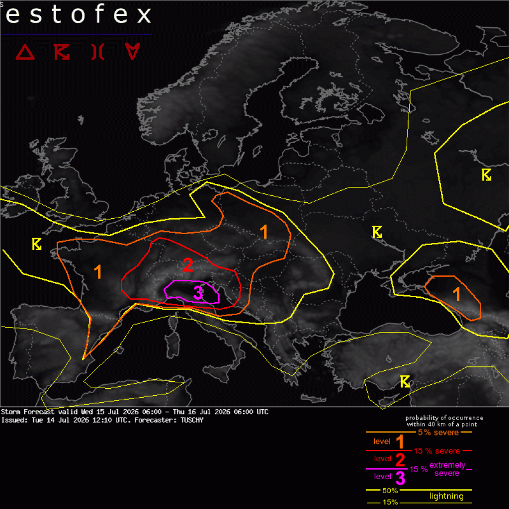 <p>Upozorenje ESTOFEX-a na opasne vremenske prilike</p>