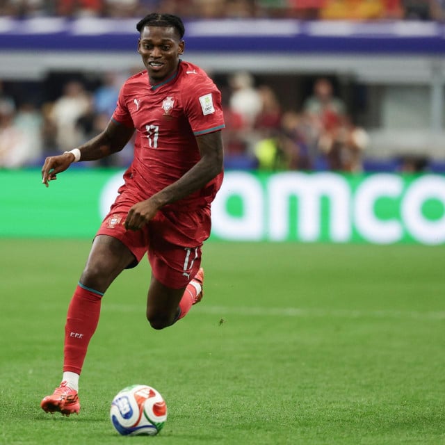 <p>Portugal&lsquo;s forward #17 Rafael Leao runs with the ball during the 2026 World Cup round of 16 football match between Portugal and Spain at the Dallas Stadium in Arlington on July 6, 2026. (Photo by Aric Becker/AFP)</p>