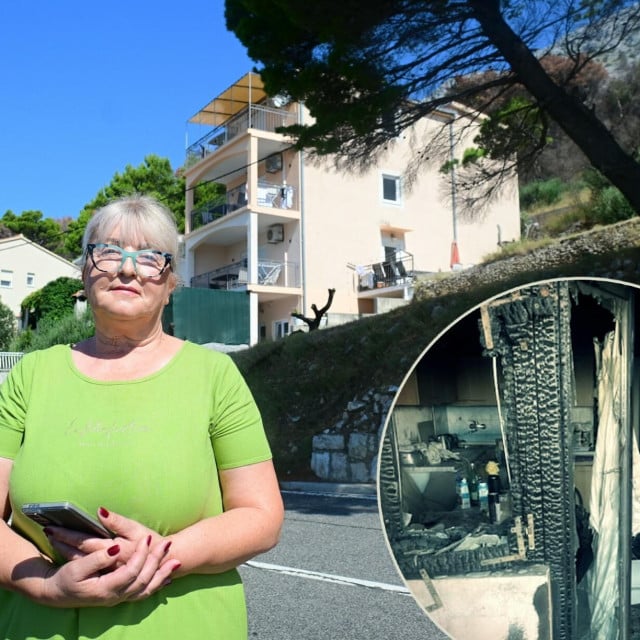 <p>Tonka Kujundžić pored kuće u Maru&scaron;ićima koja je izgorjela lani u požaru i koju je uspjela djelomično obnoviti</p>