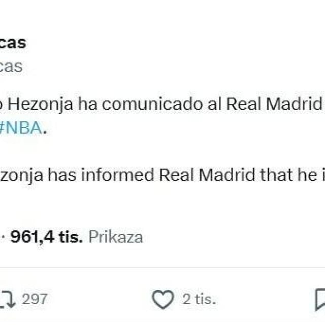 <p>Najava s Twittera kako se Hezonja vraća u NBA</p>