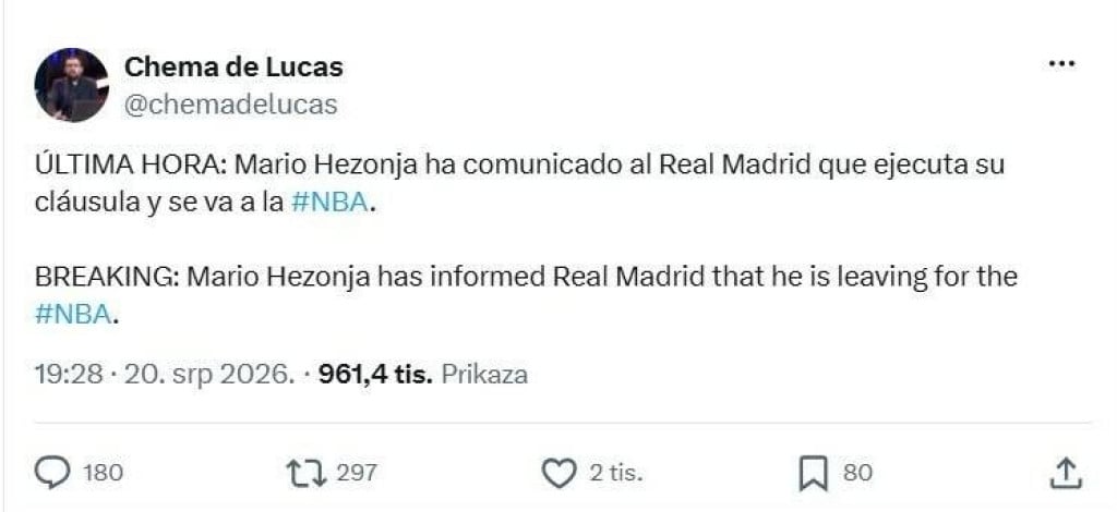 <p>Najava s Twittera kako se Hezonja vraća u NBA</p>