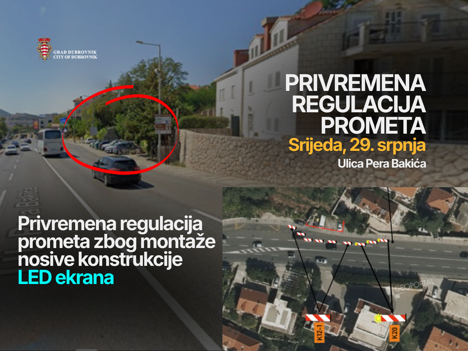 Sutra prijepodne: Privremena regulacija prometa u Ulici Pera Bakića zbog montaže nosive konstrukcije LED ekrana