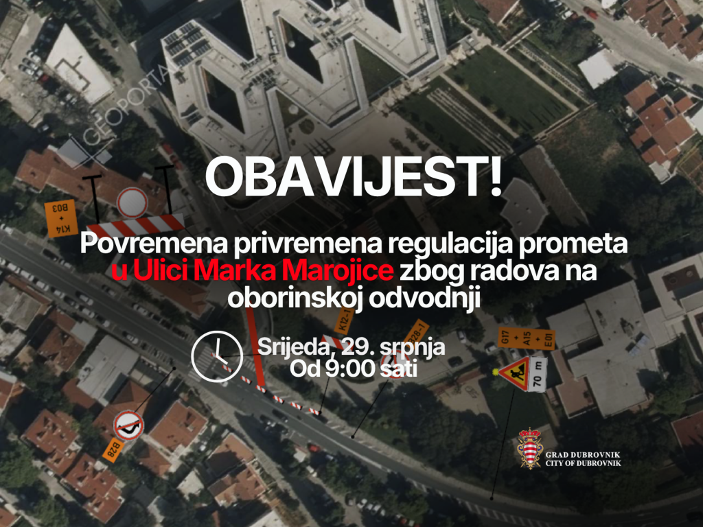 <p>Povremena zatvaranja prometa u Ulici Marka Marojice zbog radova na oborinskoj odvodnji</p>