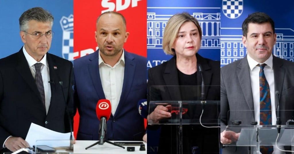 <p>Predsjednik HDZ-a Andrej Plenković; predsjednika SDP-a Sini&scaron;a Hajda&scaron; Dončić; koordinatorica Možemo Sandra Benčić; predsjednik Mosta Nikola Grmoja</p>